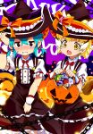  2girls alternate_costume alternate_hairstyle animal_ears bauble black_dress blonde_hair blue_hair blush bow bowtie brown_eyes cat_ears cat_girl cat_tail center_frills commentary_request dress embarrassed extra_ears fang frilled_dress frills hakoneko_(marisa19899200) halloween halloween_basket halloween_costume hat hat_bow highres kemono_friends kemono_friends_3 multiple_girls open_mouth puffy_short_sleeves puffy_sleeves red_neckwear sand_cat_(kemono_friends) shirt short_hair short_sleeves short_twintails sleeve_cuffs snake_tail sweatdrop tail tsuchinoko_(kemono_friends) twintails white_shirt witch_costume witch_hat yellow_eyes 