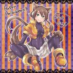  1girl 2019 absurdres adapted_costume aile alternate_color animal_ears bangs blush bodystocking bracelet breasts brown_hair claws dated gloves green_eyes hair_between_eyes happy_halloween highres himurororo jewelry long_hair paws ponytail robot_ears rockman rockman_zx rockman_zx_advent shorts simple_background sitting smile solo spandex wolf_ears wolf_girl wolf_paws 