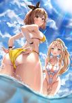  2girls adjusting_clothes adjusting_swimsuit arms_behind_back ass atelier_(series) atelier_ryza atelier_ryza_2 bangs bare_shoulders bikini blonde_hair blush braid breasts brown_hair choker cleavage clothing_cutout cloud collarbone day eyebrows_visible_through_hair foreshortening from_behind green_eyes hairband highres key_necklace klaudia_valentz leaning_forward long_hair looking_at_viewer looking_back meri-san multiple_girls navel navel_cutout one-piece_swimsuit open_mouth outdoors reisalin_stout short_hair star_(symbol) swimsuit thick_thighs thigh_gap thighs twisted_torso underboob v_arms wading water wet white_swimsuit yellow_bikini yellow_eyes 
