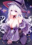  1girl black_ribbon blush breasts candy choker cleavage collarbone commentary_request elf eyebrows_visible_through_hair food hat highres large_breasts long_hair mafuyu original pointy_ears purple_eyes ribbon sitting sketch snowflakes solo thighhighs wariza white_hair witch witch_hat yuuri_(mafuyu) 