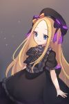  1girl abigail_williams_(fate/grand_order) bangs beret black_bow black_dress black_headwear blonde_hair blue_eyes blush bow breasts closed_mouth cosplay dress fate/extra fate/grand_order fate_(series) forehead hair_bow hat highres long_hair looking_at_viewer miya_(miyaruta) multiple_bows nursery_rhyme_(fate/extra) nursery_rhyme_(fate/extra)_(cosplay) orange_bow parted_bangs puffy_short_sleeves puffy_sleeves short_sleeves sidelocks small_breasts smile 