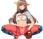  1girl absurdres bangs baseball_mitt bow bow_bra bow_panties bra breasts brown_eyes brown_hair commentary commission english_commentary hair_ornament hairclip haruna_(kantai_collection) headgear highres kantai_collection large_breasts long_hair looking_at_viewer navel newmoonshira panties panties_under_pantyhose pantyhose red_legwear shin_guards shrug_(clothing) simple_background solo spread_legs squatting swept_bangs underwear white_background white_bra white_panties 