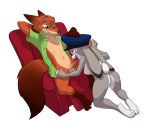  3_toes anthro balls breasts canid canine clothed clothing disney duo fellatio female fox genitals hand_behind_head hand_on_head hi_res judy_hopps lagomorph leporid male male/female mammal mostly_nude nick_wilde nipples open_clothing open_shirt open_topwear oral penile penis police_hat rabbit sex shirt simple_background sitting skeleito toes topwear zootopia 