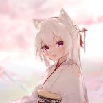  1girl animal_ears bangs blurry blurry_background floral_print flower fox_ears fox_girl guo582 hair_between_eyes hair_ornament highres japanese_clothes kimono long_hair looking_at_viewer obi open_mouth original purple_eyes rose sash solo tied_hair very_long_hair white_hair white_kimono white_theme 