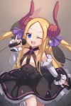  1girl ;d abigail_williams_(fate/grand_order) bangs black_dress blonde_hair blue_eyes blush breasts commentary cosplay dress elizabeth_bathory_(fate) elizabeth_bathory_(fate)_(all) elizabeth_bathory_(fate)_(cosplay) english_commentary fate/extra fate/extra_ccc fate/grand_order fate_(series) forehead highres horns long_hair looking_at_viewer microphone miya_(miyaruta) one_eye_closed open_mouth parted_bangs sidelocks small_breasts smile solo two_side_up 