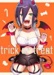  1girl bare_shoulders bat_wings black_choker black_hair blush breasts chainsaw_man choker claw_pose cleavage collarbone demon_costume demon_girl demon_horns demon_tail eyebrows_visible_through_hair eyes_visible_through_hair fangs fefah2qtlaxuhuc green_eyes hair_between_eyes halloween halloween_costume hands_up happy_halloween highres horns kogureya7 medium_hair midriff nail_polish purple_nails reze_(chainsaw_man) seiza sitting skirt solo succubus tail thick_thighs thighhighs thighs white_legwear wings 