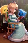  1girl blonde_hair blue_eyes book breasts chair crown dress earrings full_body gonzarez hair_over_one_eye highres holding holding_book indoors jewelry library lips long_dress long_hair luma_(mario) mario_(series) off-shoulder_dress off_shoulder rocking_chair rosalina sitting smile star_(symbol) super_mario_galaxy 