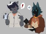  ! &lt;3 anthro black_body blue_eyes blue_hair cake clothed clothing dessert duo felid feline food fur garth_(wyrt) grey_body grey_fur hair male mammal red_eyes serval sweater tagme topwear wyrt_(artist) 