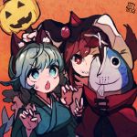  3girls animal_ear_fluff animal_ears blue_hair bright_pupils brooch brown_hair cape claw_pose commentary_request dated dress fake_animal_ears fang fish_head grass_root_youkai_network green_eyes green_kimono grin halloween halloween_costume hands_up head_fins headless high_collar holding imaizumi_kagerou jack-o&#039;-lantern japanese_clothes jewelry kimono maaru_(akira428) multiple_girls open_mouth orange_background red_cape red_eyes reverse_mermaid role_reversal sekibanki skin_fang smile touhou upper_body v wakasagihime white_dress wolf_ears 