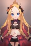  1girl abigail_williams_(fate/grand_order) bangs blonde_hair blue_eyes blush bow breasts chloe_von_einzbern chloe_von_einzbern_(cosplay) closed_mouth cosplay dual_wielding fate/grand_order fate/kaleid_liner_prisma_illya fate_(series) forehead hair_bow half_updo highres holding long_hair long_sleeves looking_at_viewer miya_(miyaruta) multiple_bows multiple_hair_bows navel orange_bow parted_bangs small_breasts smile stomach_tattoo sword tattoo thighs weapon 
