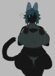 anthro big_breasts black_body blue_eyes blue_hair breasts cleavage_cutout clothed clothing felid feline female garth_(wyrt) hair hand_on_breast hi_res keyhole_turtleneck looking_at_viewer mammal serval sitting solo sweater topwear underwear winking_at_viewer wyrt_(artist) 