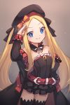  1girl abigail_williams_(fate/grand_order) bangs beret black_bow black_dress black_headwear blonde_hair bow closed_mouth coat cosplay dress fate/grand_order fate_(series) forehead hat helena_blavatsky_(fate/grand_order) helena_blavatsky_(fate/grand_order)_(cosplay) highres long_hair miya_(miyaruta) multiple_bows open_clothes open_coat orange_bow parted_bangs salute short_dress sidelocks smile thighs twintails 