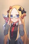  1girl abigail_williams_(fate/grand_order) bangs black_bow black_dress blonde_hair blue_eyes blush bow breasts closed_mouth cosplay dress fate/grand_order fate_(series) forehead fou_(fate/grand_order) fou_(fate/grand_order)_(cosplay) glasses hair_bow highres jacket long_hair long_sleeves looking_at_viewer mash_kyrielight mash_kyrielight_(cosplay) miya_(miyaruta) multiple_bows necktie open_clothes open_jacket orange_bow parted_bangs sidelocks small_breasts smile stuffed_animal stuffed_toy teddy_bear 