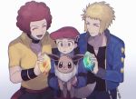  3boys afro black_hair black_shirt black_wristband blonde_hair blue_jacket closed_eyes closed_mouth collared_shirt commentary_request eevee fire_stone flint_(pokemon) gen_1_pokemon grey_eyes hat holding holding_pokemon jacket long_sleeves lucas_(pokemon) male_focus multiple_boys open_mouth oshi_taberu pants pokemon pokemon_(creature) pokemon_(game) pokemon_dppt pokemon_platinum red_hair red_headwear scarf shirt short_sleeves sweat teeth thunder_stone tongue volkner_(pokemon) white_scarf wristband yellow_shirt 