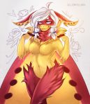  anthro arthropod breasts fangs female fur gllorvillain hair insect lepidopteran moth multicolored_body multicolored_fur non-mammal_breasts purple_eyes red_body red_fur simple_background smile solo two_tone_body two_tone_fur white_hair wings yellow_body yellow_fur 