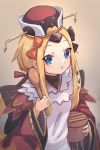  1girl :o abigail_williams_(fate/grand_order) bangs benienma_(fate/grand_order) benienma_(fate/grand_order)_(cosplay) bird_hat black_bow blonde_hair blue_eyes bow breasts brown_kimono cosplay fate/grand_order fate_(series) forehead highres japanese_clothes kimono long_hair long_sleeves low_ponytail miya_(miyaruta) multiple_bows ohitsu orange_bow parted_bangs ponytail rice_spoon sidelocks small_breasts solo wide_sleeves wooden_spoon 