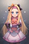  1girl abigail_williams_(fate/grand_order) ainu_clothes arm_warmers bangs black_bow black_gloves blonde_hair blue_eyes blush bow breasts closed_mouth cosplay fate/grand_order fate_(series) fingerless_gloves forehead gloves gradient gradient_background grey_background hair_bow hairband highres holding holding_stuffed_toy japanese_clothes kimono long_hair looking_at_viewer miya_(miyaruta) multiple_bows orange_bow pantyhose parted_bangs pink_hairband purple_scarf scarf sidelocks sitonai sitonai_(cosplay) small_breasts smile snowing stuffed_animal stuffed_toy sword teddy_bear thighs weapon white_kimono 