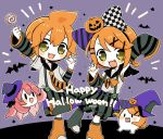  /\/\/\ 1boy 1girl arm_up bangs bat black_legwear black_shorts blush_stickers bow candy checkered checkered_bow chibi claw_pose commentary fang food grey_shirt hair_bow hair_ornament hairclip happy_halloween hat holding holding_candy holding_food holding_lollipop jack-o&#039;-lantern jack-o&#039;-lantern_hair_ornament kagamine_len kagamine_rin leg_warmers lollipop looking_at_viewer mismatched_legwear najo octopus open_mouth orange_hair orange_legwear pink_hair purple_background purple_headwear sharp_teeth shirt short_hair shorts skirt sleeves_past_fingers sleeves_past_wrists smile solid_oval_eyes spiked_hair striped striped_bow striped_shorts striped_sleeves suspender_skirt suspenders swept_bangs takoluka teeth tentacle_hair vocaloid witch_hat yellow_eyes 