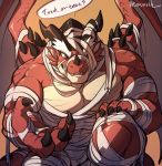  4_fingers alasurth anthro claws dragon fingers gullash horn looking_at_viewer male mummy_costume muscular muscular_anthro muscular_male notes_of_hearts pecs red_body red_scales scales solo speech_bubble spikes spikes_(anatomy) wraps 
