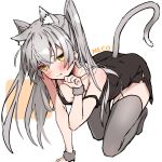  1girl all_fours alternate_costume amatsukaze_(kantai_collection) animal_ear_fluff animal_ears bangs black_dress blush breasts cat_ears cat_tail dress fur_trim grey_hair grey_legwear hair_between_eyes kantai_collection long_hair off_shoulder paw_pose simple_background small_breasts solo tail takanashi_kei_(hitsujikan) thighhighs two-tone_background two_side_up yellow_eyes 