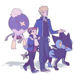  2boys :d black_hair black_shirt blonde_hair blue_eyes blue_jacket commentary_request drifblim gen_4_pokemon hand_in_pocket hat holding_strap jacket long_sleeves looking_at_another lucas_(pokemon) luxray male_focus multiple_boys open_clothes open_jacket open_mouth oshi_taberu pants parted_lips pokemon pokemon_(creature) pokemon_(game) pokemon_dppt pokemon_platinum scarf shirt shoes smile volkner_(pokemon) white_scarf 