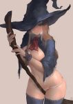  blue_headwear breasts breath broom brown_hair castlevania castlevania:_portrait_of_ruin charlotte_aulin cowboy_shot crotch_rub hat highres large_breasts long_hair nat_the_lich navel panties red_neckwear shaking simple_background skindentation staff thighhighs underwear white_panties witch_hat 