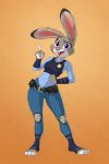  2:3 3_toes anthro armor body_armor buckteeth clothing disney female hi_res judy_hopps lagomorph leporid looking_at_viewer mammal open_mouth police_badge police_uniform rabbit skeleito solo teeth toes uniform zootopia 
