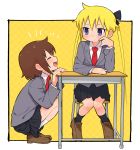  2girls blonde_hair blue_eyes blush brown_hair chair desk hair_ribbon highres kill_me_baby long_hair meis_(terameisu) multiple_girls necktie open_mouth oribe_yasuna pleated_skirt purple_eyes red_neckwear ribbon school_desk school_uniform shirt short_hair sitting skirt smile sonya_(kill_me_baby) twintails 