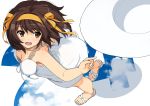  1girl bangs breasts brown_hair cleavage cloud commentary_request countdown dress eyebrows_visible_through_hair hairband haruhisky hat looking_at_another medium_breasts open_mouth ribbon sandals short_hair sidelocks sky solo sun_hat suzumiya_haruhi suzumiya_haruhi_no_yuuutsu white_dress white_footwear yellow_hairband yellow_ribbon 