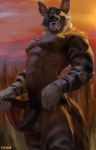  2020 abs anthro balls black_glans black_penis black_stripes brown_balls brown_body brown_fur brown_hyena chunie clothing detailed_background digital_media_(artwork) foreskin fur genitals glans hi_res humanoid_genitalia humanoid_penis hyaenid loincloth looking_at_viewer male mammal multicolored_body multicolored_fur muscular muscular_anthro muscular_male nipples nude open_mouth outside partially_retracted_foreskin penis sky smile solo stripes teeth tongue tongue_out uncut undressing white_body white_fur 
