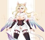  anthro blonde_hair breasts clothed clothing collar female fluffy fluffy_tail fur genitals gllorvillain hair horn libidine lingerine nipples partially_clothed pussy simple_background smile solo tongue tongue_out white_body white_fur wings yellow_eyes 
