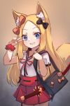  1girl abigail_williams_(fate/grand_order) animal_ears bangs black_bow blonde_hair blue_eyes blush bow breasts cosplay fate/extra fate/extra_ccc fate/extra_ccc_fox_tail fate/grand_order fate_(series) forehead fox_ears hakama highres japanese_clothes long_hair looking_at_viewer miya_(miyaruta) multiple_bows orange_bow parted_bangs red_hakama small_breasts smile suzuka_gozen_(fate) suzuka_gozen_(fate)_(cosplay) 