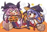  &gt;_&lt; 2others asymmetrical_sleeves black_legwear blue_hair blush_stickers broom broom_riding chibi closed_eyes commentary detached_sleeves facing_viewer ghost halloween hat holding holding_jack-o&#039;-lantern holding_wand horns jack-o&#039;-lantern japanese_clothes looking_at_viewer meika_hime meika_mikoto mismatched_legwear multiple_others open_mouth pink_eyes pink_hair red_legwear red_skirt same_anko shirt skirt smile star_(sky) star_wand thick_eyebrows vocaloid wand white_shirt wide_sleeves witch_hat 