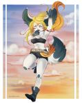  anthro binx blonde_hair breasts clothed clothing detailed_background eyes_closed female fluffy fluffy_tail fur gllorvillain hair partially_clothed smile solo tongue tongue_out white_body white_fur 