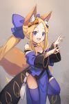  1girl :d abigail_williams_(fate/grand_order) animal_ear_fluff animal_ears bangs blonde_hair blue_eyes blue_kimono blue_legwear blush breasts cosplay double_fox_shadow_puppet fate/extra fate/grand_order fate_(series) forehead fox_ears fox_shadow_puppet fox_tail highres japanese_clothes kimono long_hair looking_at_viewer miya_(miyaruta) open_mouth parted_bangs small_breasts smile tail tamamo_(fate)_(all) tamamo_no_mae_(fate) tamamo_no_mae_(fate)_(cosplay) 