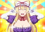  1girl ^_^ absurdres arms_up blonde_hair blush breasts choker cleavage closed_eyes cloud_background collarbone double_v dress elbow_gloves facing_viewer frilled_dress frills from_side gloves hands_up happy hat hat_ribbon highres kyoukyan large_breasts light_rays looking_at_viewer mob_cap open_mouth patterned_background puffy_short_sleeves puffy_sleeves purple_dress red_ribbon ribbon ribbon_choker round_teeth shiny shiny_hair shiny_skin short_sleeves smile solo sparkle teeth tongue touhou upper_body v white_gloves yakumo_yukari 