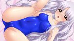  1girl absurdres azmaria_hendric blue_swimsuit blush breasts cameltoe chrono_crusade collarbone commentary_request competition_school_swimsuit covered_nipples cowboy_shot crotch_seam highres long_hair lying nose_blush open_mouth purple_eyes school_swimsuit silver_hair small_breasts smile solo spread_legs sugimura_tomokazu swimsuit 