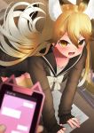  1girl absurdres alternate_costume angry animal_ear_fluff animal_ears bangs bent_over black_skirt blonde_hair blurry_foreground blush bow bowtie brown_hair cellphone collarbone comic_lo deku_suke extra_ears ezo_red_fox_(kemono_friends) fang fox_ears fox_girl fox_tail gradient_hair hair_between_eyes hair_ornament hairclip highres holding holding_phone japari_symbol kemono_friends long_hair long_sleeves multicolored_hair open_mouth orange_eyes paper pen phone pleated_skirt pov pov_hands school_uniform serafuku skirt sleeves_past_wrists smartphone solo_focus tail text_messaging thighhighs v-shaped_eyebrows very_long_hair white_bow white_hair white_neckwear yellow_legwear zettai_ryouiki 