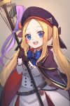  1girl :d abigail_williams_(fate/grand_order) artoria_pendragon_(all) artoria_pendragon_(caster) artoria_pendragon_(caster)_(cosplay) bangs belt beret black_bow blonde_hair blue_belt blue_cape blue_eyes blue_headwear bow breasts cape cosplay dress fate/grand_order fate_(series) forehead hat highres holding holding_staff long_hair miya_(miyaruta) multiple_bows open_mouth orange_bow parted_bangs small_breasts smile solo staff twintails upper_teeth white_dress 