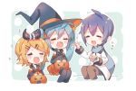  1boy 2girls aqua_hair bangs black_collar black_headwear black_legwear black_sleeves blonde_hair blue_hair blue_scarf bubble_skirt chibi coat collar commentary cup detached_sleeves feeding hair_ornament hairclip halloween halloween_basket halloween_costume hat hatsune_miku holding holding_cup horns ice_cream_cup kagamine_rin kaito long_hair multiple_girls niwako open_mouth orange_skirt sailor_collar scarf short_hair sitting skirt sparkle swept_bangs tears thighhighs trick_or_treat twintails very_long_hair vocaloid white_coat witch_hat 