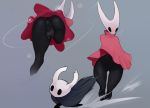  2020 anthro arthropod black_body blush butt clothed clothing digital_media_(artwork) duo fecharis feet female genitals hi_res hollow_knight hornet_(hollow_knight) insect larger_female protagonist_(hollow_knight) pussy scas simple_background size_difference team_cherry vessel_(species) video_games 