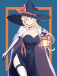 1girl alternate_costume black_dress black_headwear blonde_hair blue_background blue_eyes breasts candle cape commentary_request cowboy_shot dress elbow_gloves gloves hair_between_eyes hat highres kantai_collection lantern large_breasts long_hair looking_at_viewer mole mole_under_eye mole_under_mouth multicolored multicolored_clothes multicolored_gloves richelieu_(kantai_collection) shingyou_(alexander-13) solo strapless strapless_dress thighhighs two-tone_gloves two-tone_legwear white_cape witch_hat 