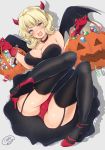  1girl alternate_costume black_dress black_legwear blonde_hair blue_eyes breasts candy candy_cane cleavage colorado_(kantai_collection) commentary_request dress food full_body garter_belt garter_straps halloween halloween_basket hazuki_futahi jack-o&#039;-lantern kantai_collection large_breasts lollipop looking_at_viewer lying panties red_footwear red_panties shadow short_hair side_braids solo strapless strapless_dress thighhighs underwear 