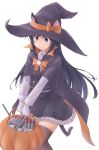  1girl adapted_costume animal_ears asashio_(kantai_collection) black_hair black_headwear blue_eyes cat_ears cat_tail commentary_request cowboy_shot dress gloves halloween_basket hat highres kantai_collection long_hair long_sleeves meihemu pinafore_dress pumpkin remodel_(kantai_collection) shirt simple_background solo standing striped striped_legwear tail thighhighs torpedo white_background white_gloves white_shirt witch_hat 