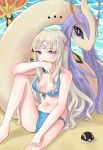  1girl absurdres bikini blonde_hair blue_bikini chinese_commentary civia gen_3_pokemon heluo_official highres hololive hololive_china horns licking_self long_hair looking_at_viewer milotic navel poke_ball pokemon pokemon_(creature) purple_eyes single_horn sitting swimsuit ultra_ball virtual_youtuber 