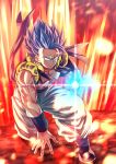  1boy blue_eyes blue_hair blue_sash bracer closed_mouth dragon_ball dragon_ball_super dragon_ball_super_broly energy full_body glowing glowing_eyes gogeta male_focus mattari_illust metamoran_vest muscle pants sash smile solo spiked_hair super_saiyan super_saiyan_blue superhero_landing white_pants 