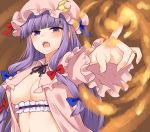  1girl bangs blue_bow blunt_bangs blush bow commentary_request crescent crescent_moon_pin eyebrows_visible_through_hair fire hair_bow hair_ribbon hat highres long_hair long_sleeves looking_at_viewer magic miyo_(ranthath) mob_cap no_bra open_clothes open_mouth outstretched_arm patchouli_knowledge pointing purple_eyes purple_hair red_bow ribbon solo touhou tress_ribbon upper_body 