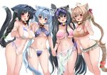  4girls :d animal_ear_fluff animal_ears arashio_(azur_lane) asashio_(azur_lane) azur_lane bell bikini black_hair blush braid breasts cat_ears cat_tail cleavage hair_ribbon hey_taisyou highres holding_hands long_hair michishio_(azur_lane) multiple_girls navel ooshio_(azur_lane) open_mouth paw_print purple_eyes red_eyes ribbon simple_background smile swimsuit tail twin_braids twintails very_long_hair white_background 
