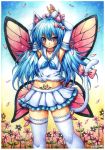  1girl animal_ear_fluff animal_ears armpits blue_hair blush_stickers bow breasts butterfly_wings cat_ears cat_tail choker emperpep fairy_wings flower frilled_skirt frills highres indie_virtual_youtuber long_hair midriff neckerchief petals pink_bow pink_eyes pink_wings pubic_tattoo school_uniform serafuku shimo_hisae shirt signature skirt small_breasts tail tattoo thighhighs traditional_media virtual_youtuber white_legwear white_shirt white_skirt wings zettai_ryouiki 