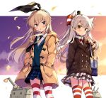  2girls alternate_costume amatsukaze_(kantai_collection) aqua_vest black_coat black_neckwear blonde_hair blue_skirt blush brown_eyes coat collared_shirt duffel_coat eyebrows_visible_through_hair feet_out_of_frame grey_eyes hair_between_eyes hair_tubes hands_in_pockets kantai_collection long_hair long_sleeves multiple_girls necktie odawara_hakone parted_lips plaid plaid_skirt pleated_skirt red_legwear rensouhou-chan rensouhou-kun shimakaze_(kantai_collection) shirt silver_hair skirt striped striped_legwear thighhighs two_side_up vest white_shirt white_skirt windsock yellow_coat 